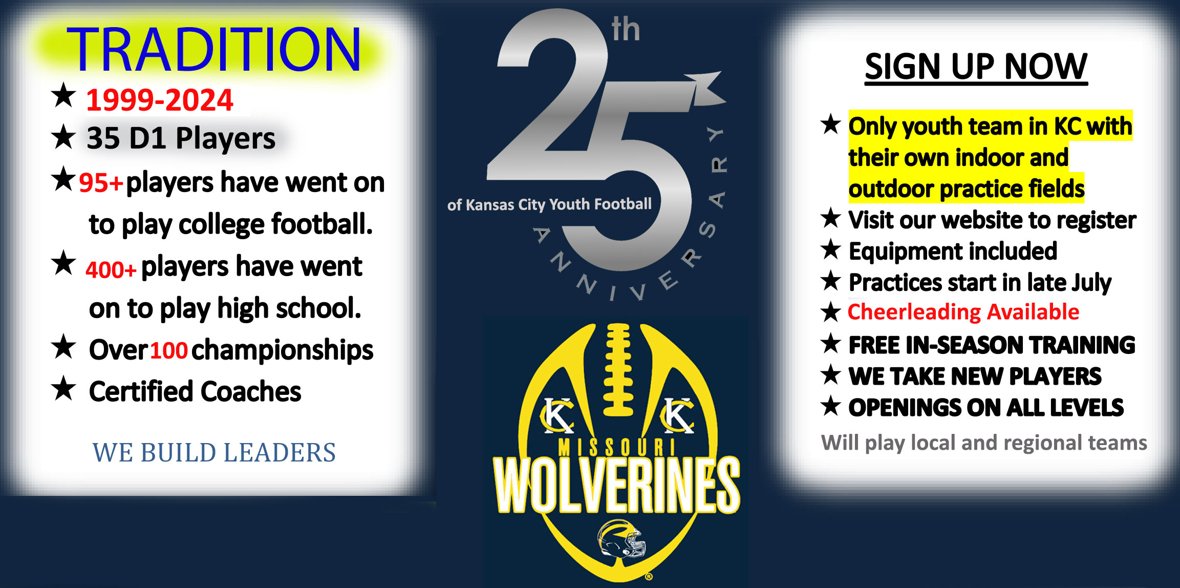 Since 1999, the Missouri Wolverines Youth Football Club 
has produced some of the best youth football players in the 
Kansas City Missouri Metro Area offering both Flag and Tackle 
Youth Football for Kindergarten thru 8th Grade Middle School